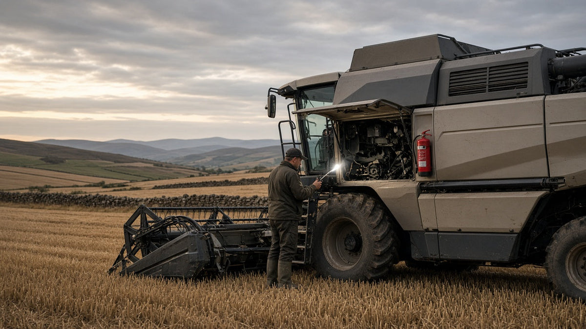 Combine operator completing an end-of-day fire-safety inspection after harvest.