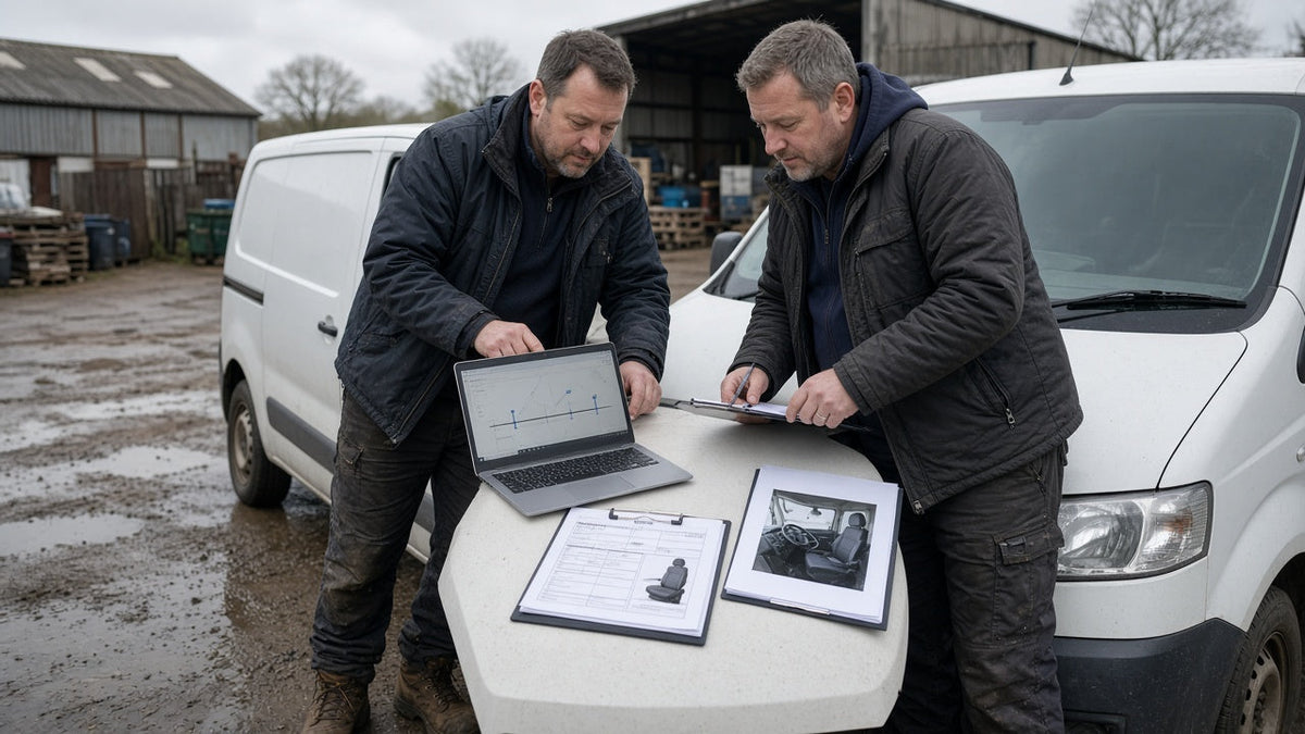 Fleet manager and driver reviewing telematics and vehicle-check records after a commercial-vehicle incident.