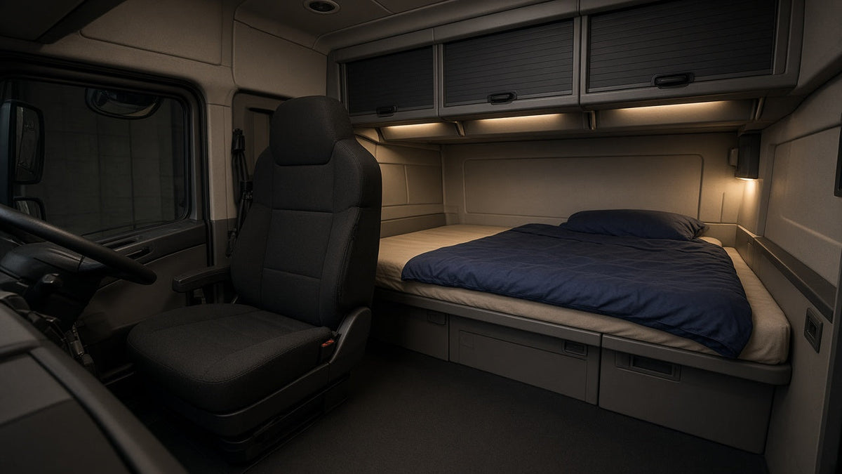 Organised long-distance lorry cab with a protected driver's seat, storage compartments and neatly prepared bed.