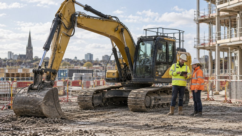 Excavator operator and supervisor checking height and slew limits before work on a controlled construction site.