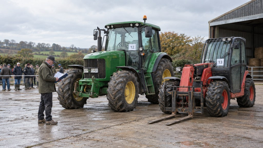 Used tractor and telehandler prepared with records for an on-farm machinery auction.