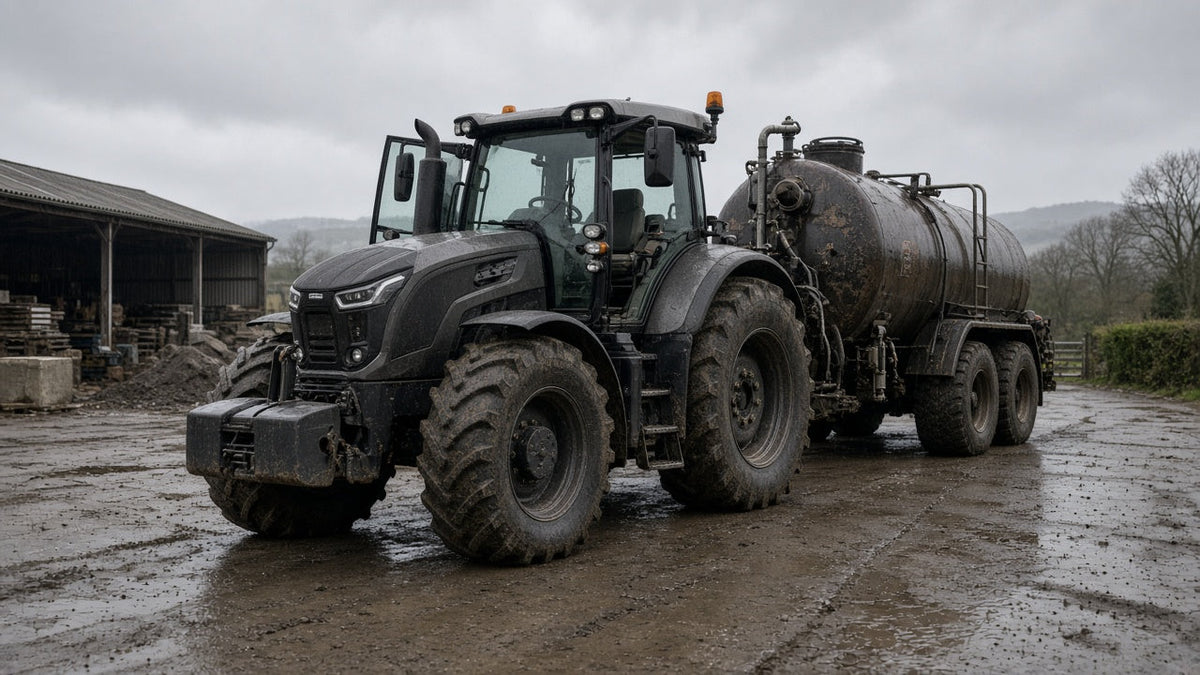 Contractor tractor with a clean protected cab ready for tanker and field work.