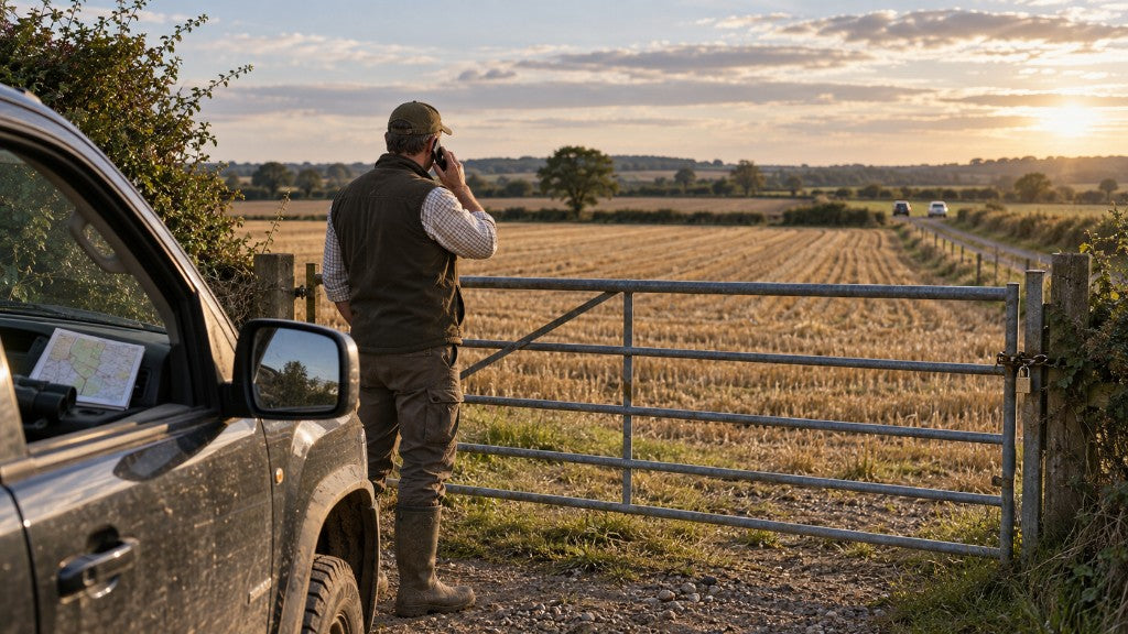 Farmer reporting suspicious vehicles from beside a secured field entrance after harvest.