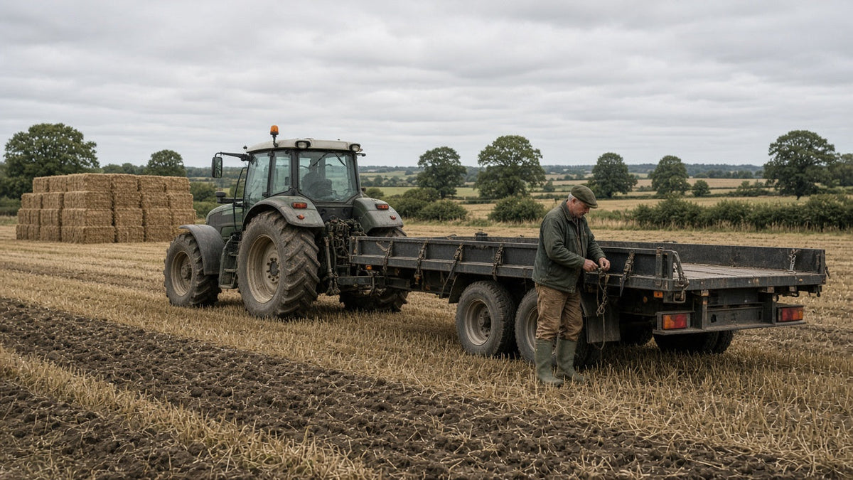 Farmer inspecting trailer straps from a safe position before loading large square hay bales.