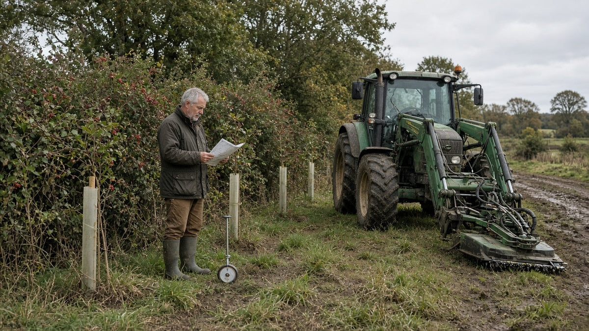 Farmer surveying a hedgerow beside a safely parked tractor and flail hedge cutter.