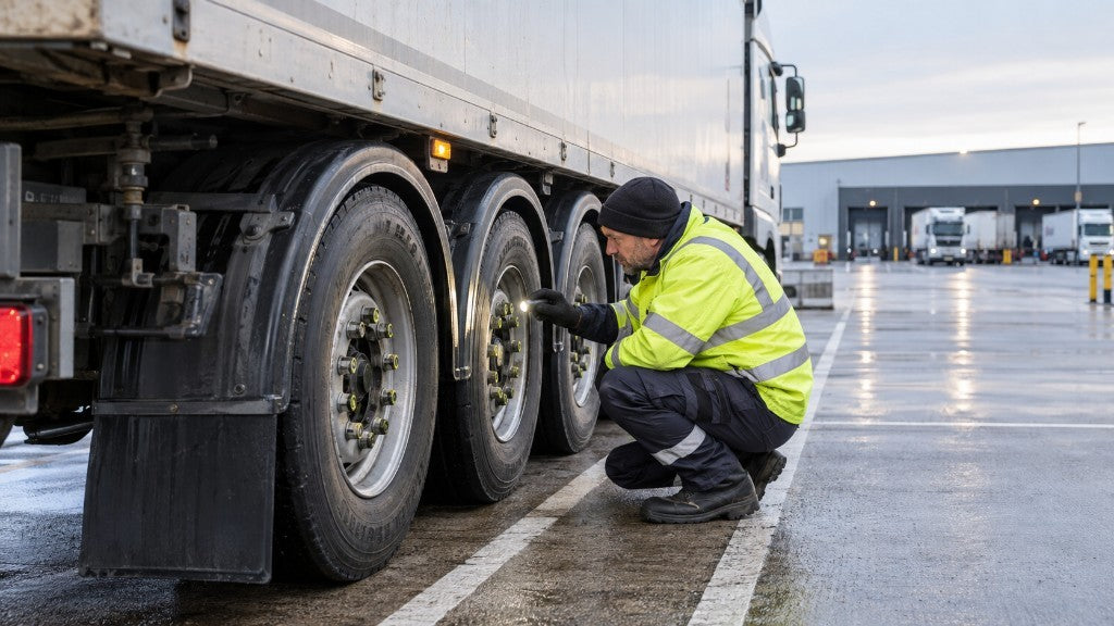 HGV driver checking trailer tyres and wheel fixings during a depot walkaround inspection.