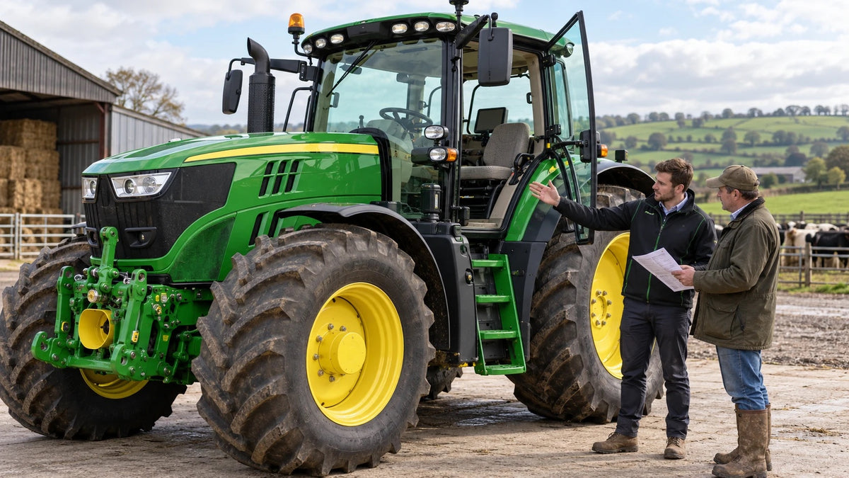 Farmer and dealer reviewing a cab checklist beside a new John Deere 6R tractor.