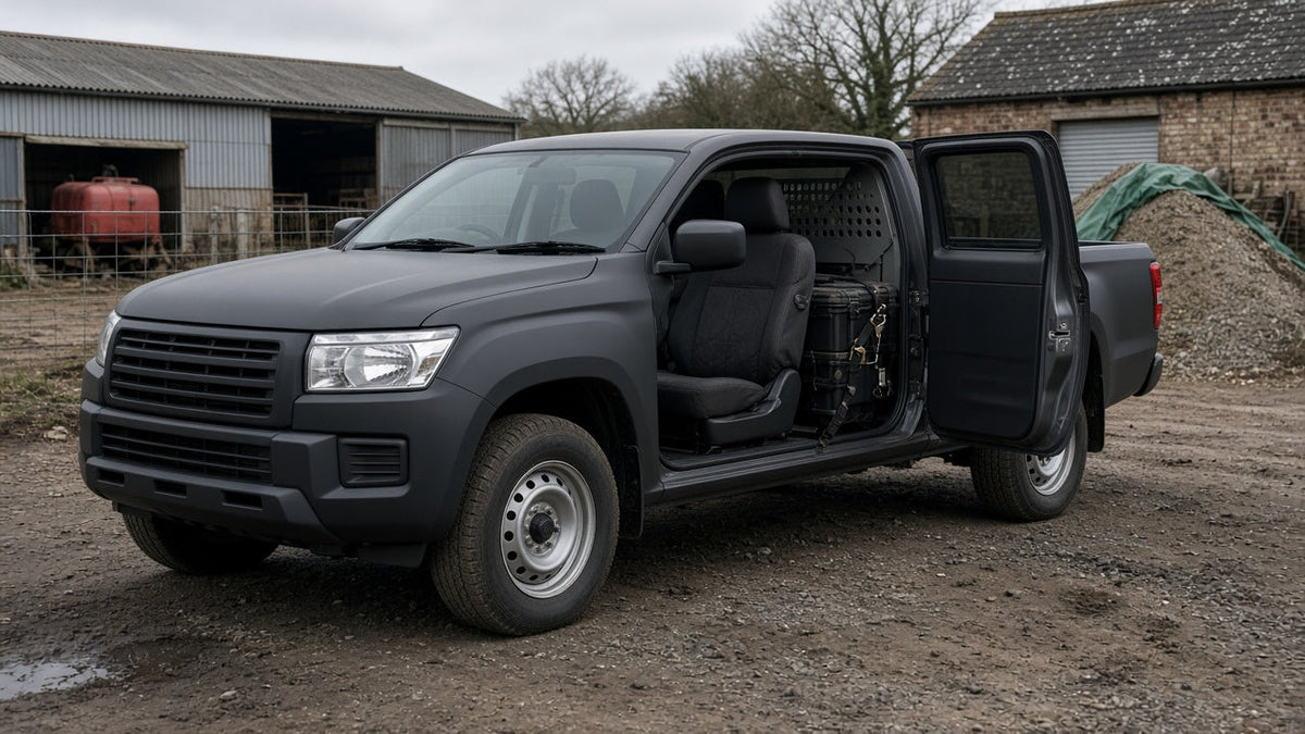 Two-seat commercial pickup with protected front seats and secured equipment behind the cab.