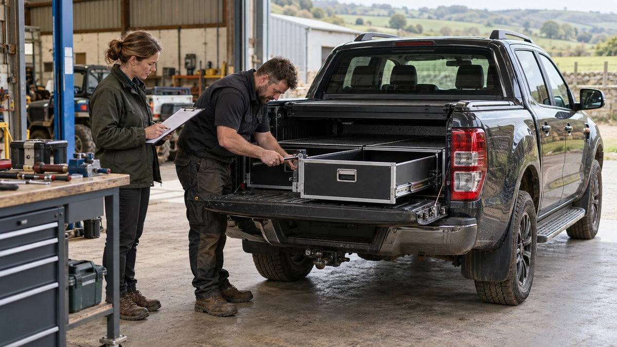 Engineer fitting a drawer system to a working pickup while a fleet manager checks the specification in a rural workshop.