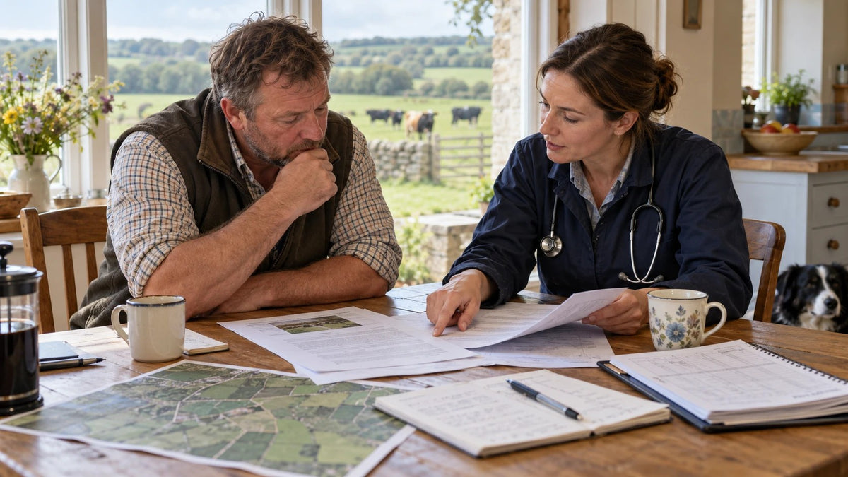 Livestock farmer and vet reviewing proposed Red Tractor standards, farm maps and records at a kitchen table.