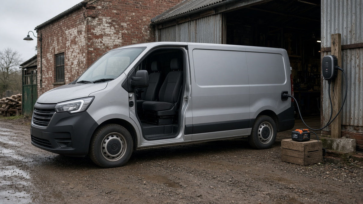 Electric working van charging outside a rural business with protected front seats and vehicle-to-load equipment