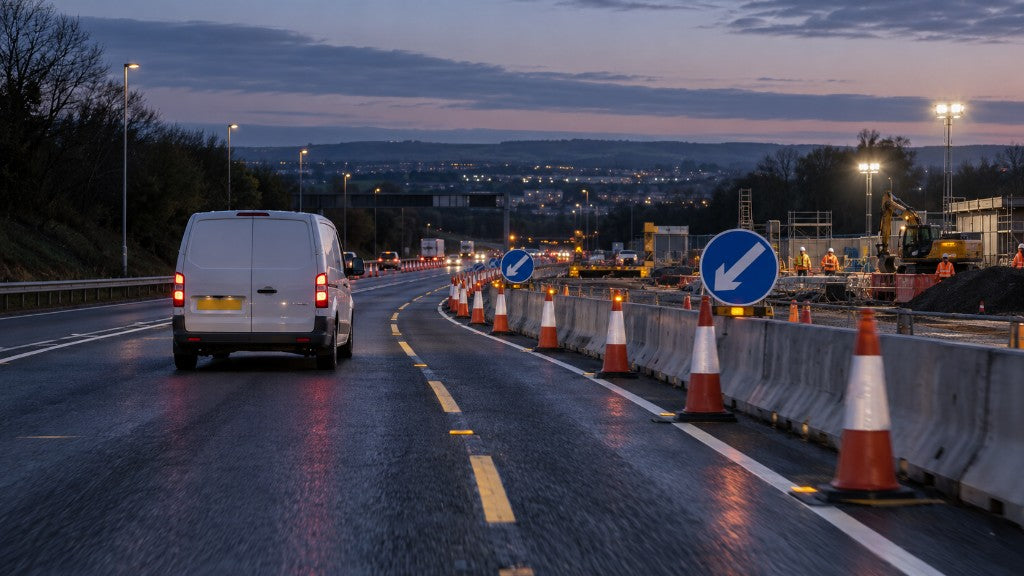 Commercial van following a signed diversion past a closed roadworks area while workers remain protected behind barriers.