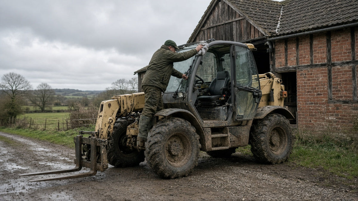Farm operator checking the seat and roof glass inside an agricultural telehandler cab.