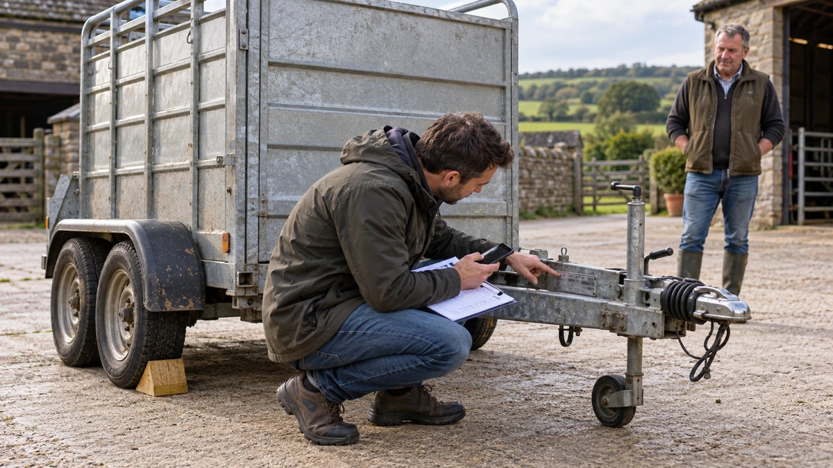 Buyer checking the chassis number and records on a used trailer before payment.