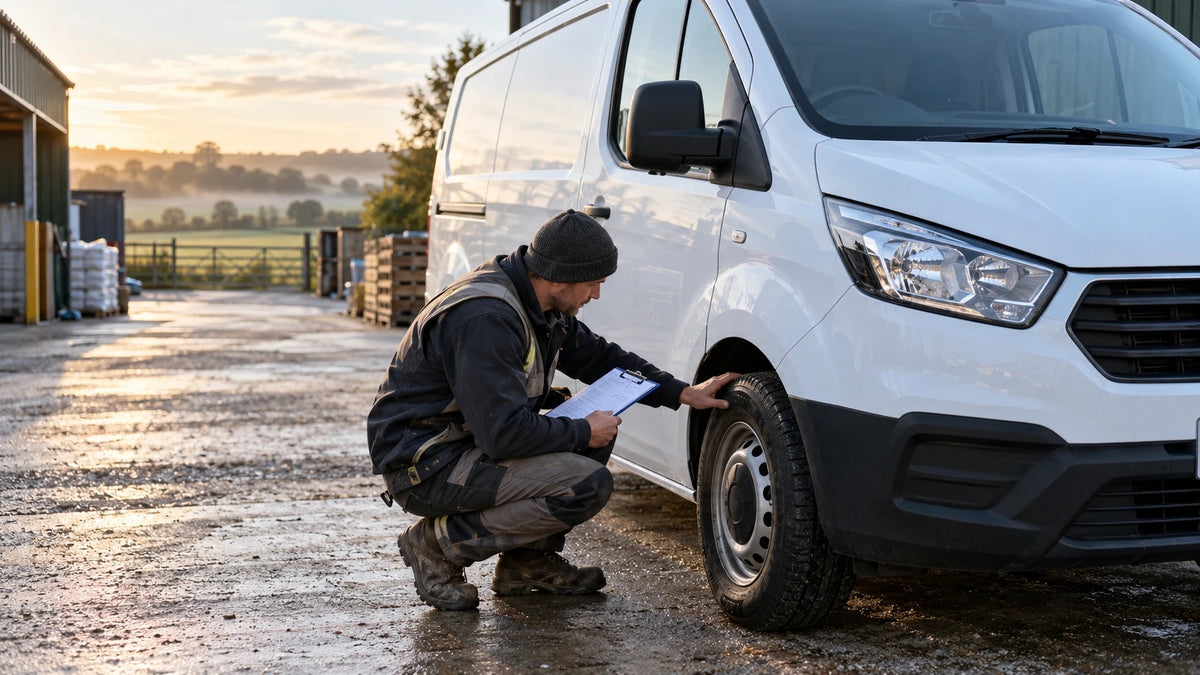 Van driver checking a front tyre during a daily roadworthiness inspection in a UK work yard.