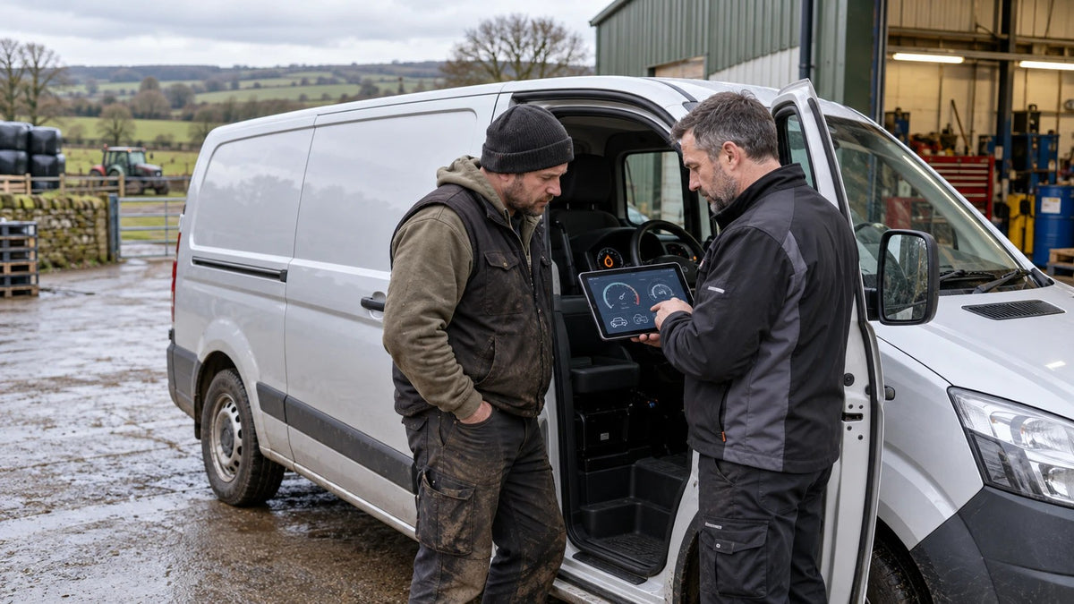 Fleet technician showing a van driver diagnostic information on a tablet in a UK farm yard.